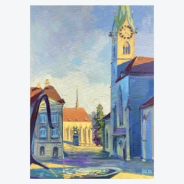 Das Zürcher Fraumünster auf einem Gemälde vom Münsterhof aus 