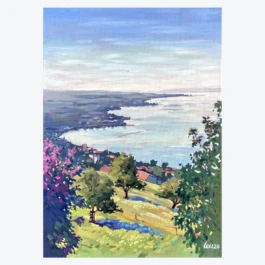 Bunte Pinselstriche in Ölfarbe zeigen die Aussicht über den Bodensee von Rorschacherberg aus gesehen. 