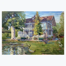 Das fertige Ölgemälde zeigt das ehemalige Haus von Margrit Linck, gemalt in bunten Strichen aus Ölfarbe. 