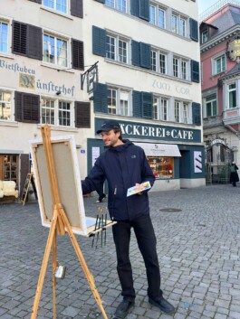 Tobias Leuenberger malt auf dem Müsterhof in Zürich an einer Feldstaffelei 