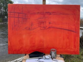 Die Orange grundierte Leinwand trägt eine Farbstiftskizze des Glattwehrs. 