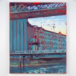 Das fertige Gemälde zeigt eine Abendszene an der Limmat mit alten Industriebauten in dunklen Blautönen. Ein kleiner Teil der Fläche zeigt den leuchtenden Abendhimmel. 
