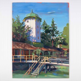 Das fertige Gemälde zeigt das Männerbad am Schanzengraben, welches abends zur «Rimini»-Bar wird. Über dem alten Holzbau ragt ein achteckiger Turm von Bäumen umgeben in den blauen Himmel. 