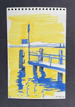 Eine einfache Licht/Schatten-Skizze zeigt den Schiffsteg in Fällanden und dessen Spiegelung im Greifensee 
