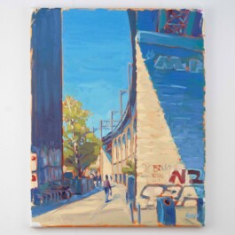 Das fertige Gemälde zeigt das Viadukt in Zürich vor knallig blauem Himmel in starkem Sonnenlicht und mit markanten Schatten geschmückt. 